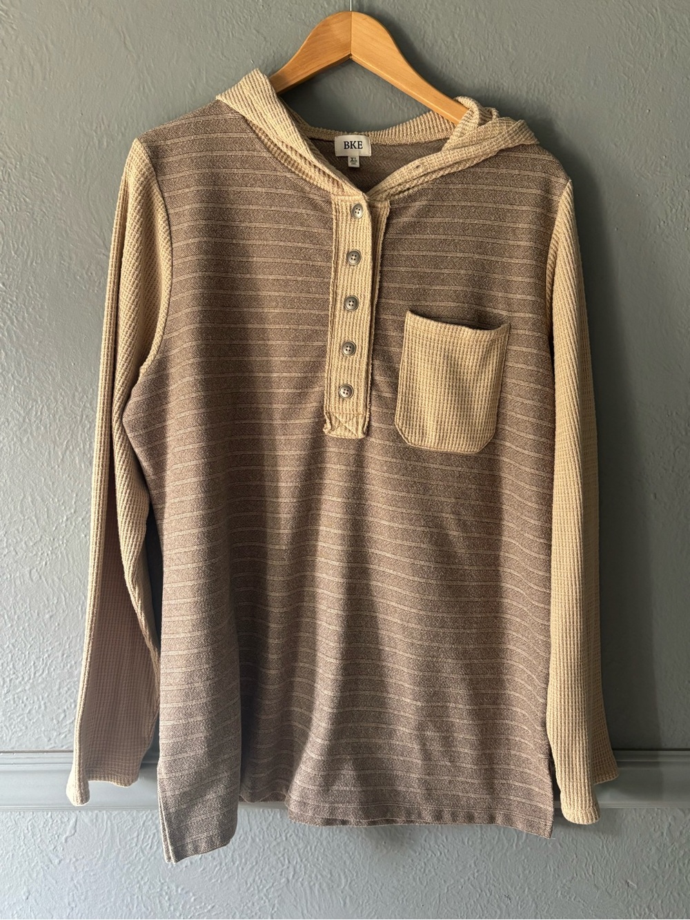 BKE Hooded Thermal Henley Shirt Long Sleeve Pocket Tan XL Men’s